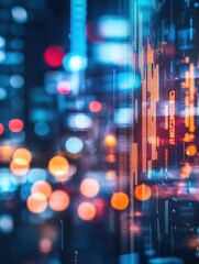 Fototapeta premium Blue falling downword forex chart on blurry bokeh night city backdrop. Crisis, stock and loss concept. Double exposure