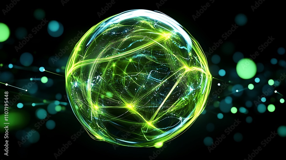 Poster Abstract glowing sphere with dynamic lines and dots in vibrant green and blue tones on a dark background