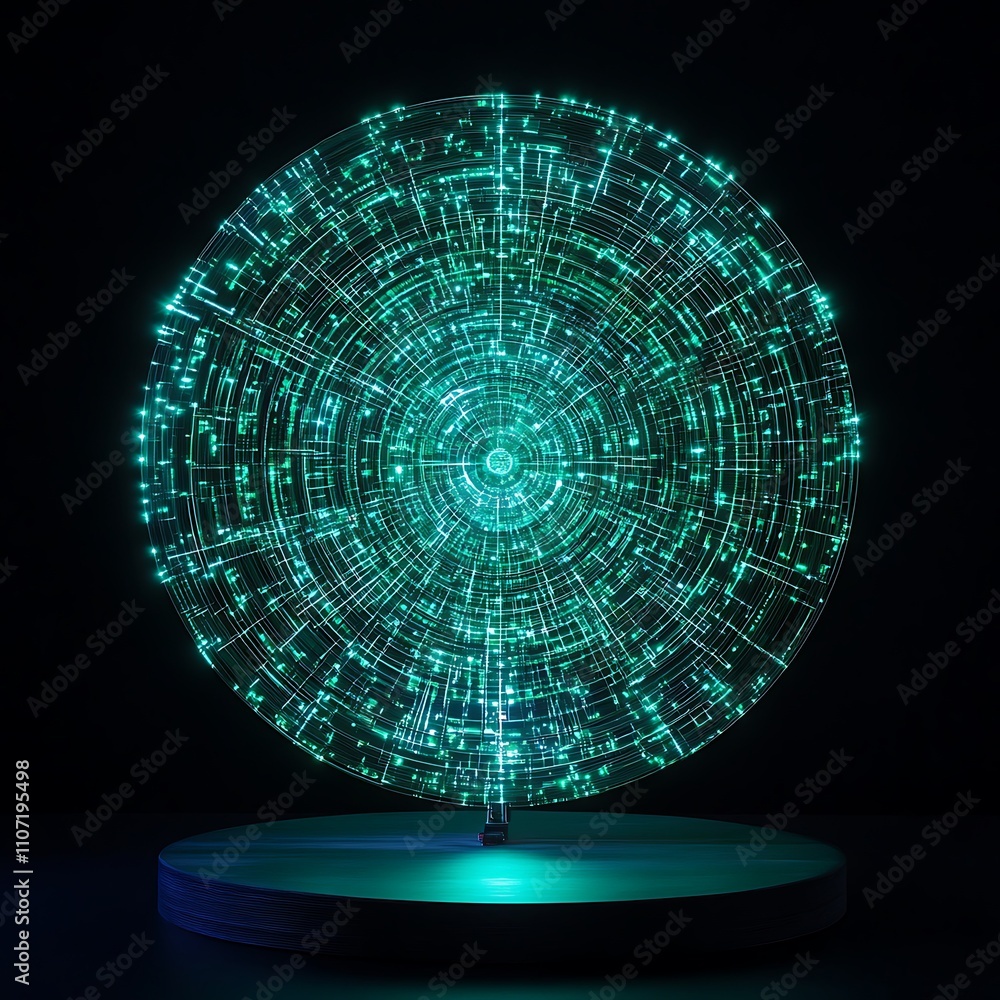 Poster abstract glowing sphere with intricate geometric patterns and vibrant luminescent lines on a dark ba
