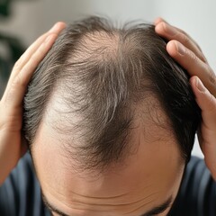 Fototapeta premium Concerned man inspecting his thinning hairline, showcasing the effects of age.
