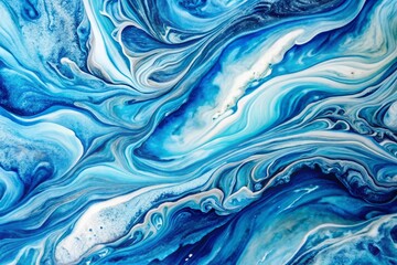 Fototapeta premium Blue and White Marble Textures with Acrylic Painted Waves - Abstract Fluid Art Background for Wallpapers, Posters, Invitations, and More