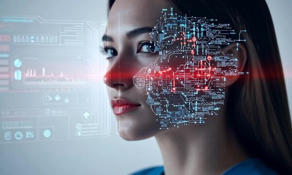 Woman in the Digital Age: A portrait of a woman with digital data flowing over her face, symbolizing the intersection of technology and human identity.  