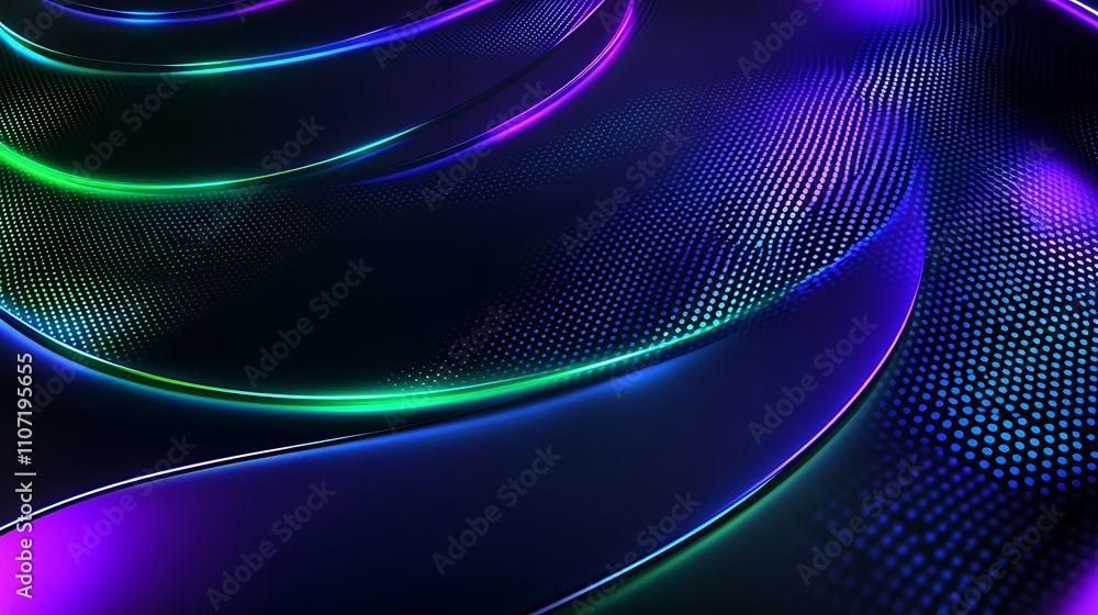 Poster abstract gradient waves with colorful neon lights and dots on dark background for modern design proj