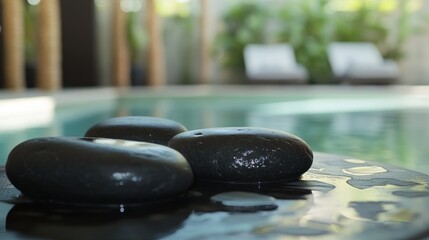 A serene spa retreat with hot stone massage therapy in a tranquil setting, focusing on relaxation and wellness, wide shot