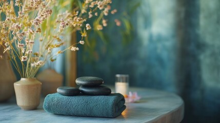 A serene spa retreat with hot stone massage therapy in a tranquil setting, focusing on relaxation and wellness, wide shot