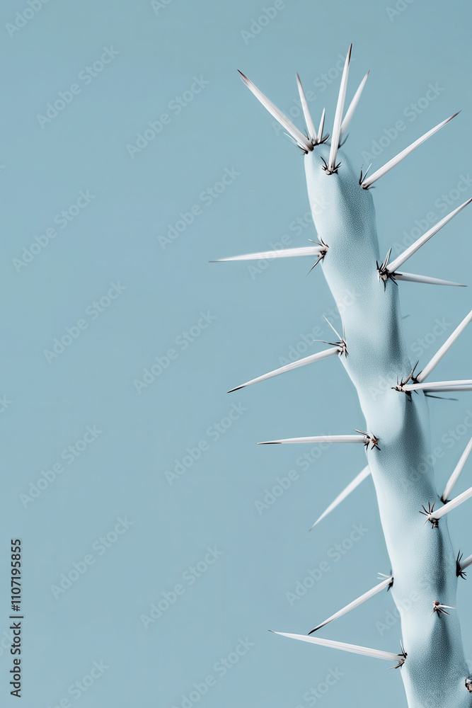 Poster explore the minimalist beauty of a prickly cactus spike in a serene blue setting - a captivating exa