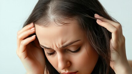 Fototapeta premium A woman scalp highlighted through parted hair, with attention to thinning strands and a clean background