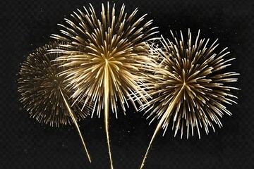 Golden fireworks, a vibrant Happy New Year concept, designed for use as an overlay, montage, or texture on a transparent background.