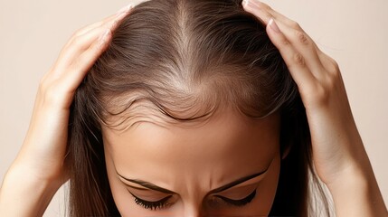 Fototapeta premium A woman scalp highlighted through parted hair, with attention to thinning strands and a clean background