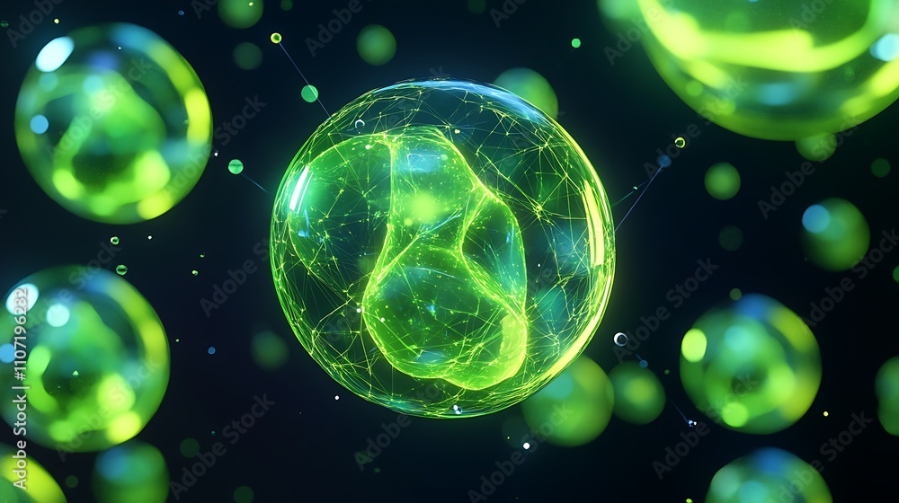 Poster abstract green cell structures with glowing effect showcasing intricate details and connections in a
