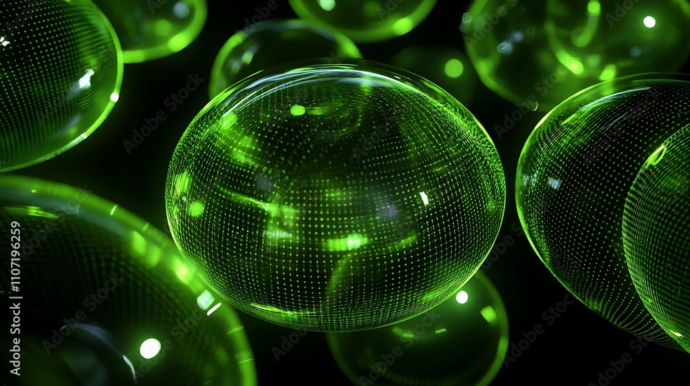 Poster abstract green bubbles with light reflections and digital patterns in dark background for creative p