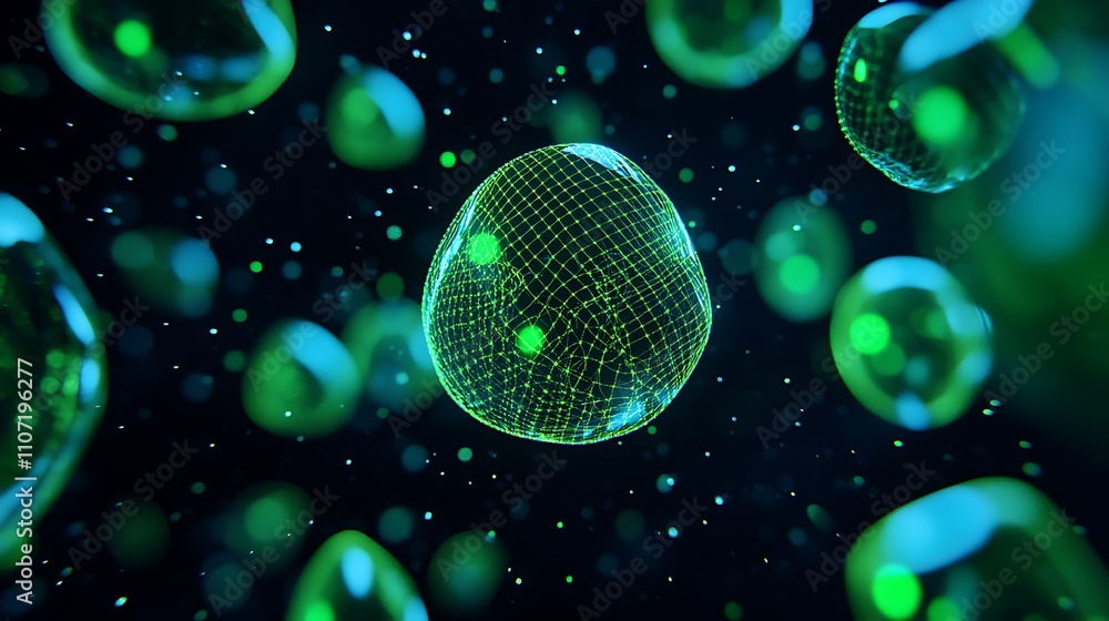 Poster abstract green cells with glowing effects in a dark background representation of microscopic life fo