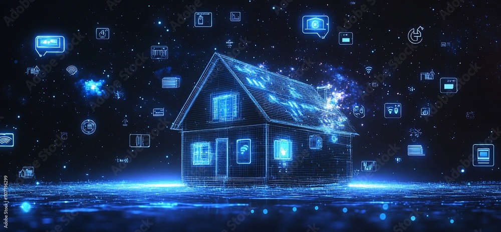 Poster a digital representation of a smart home with floating technology icons.
