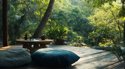 A serene wellness retreat in a natural forest setting, focusing on mindfulness and relaxation, wide shot