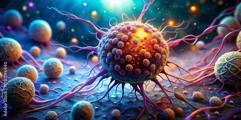 Fototapete detailed 3d rendering of a cancer cell with intricate structures and textures set against a dynamic 