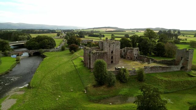 The aerial footage of the Brougham Castle, United Kingdom.