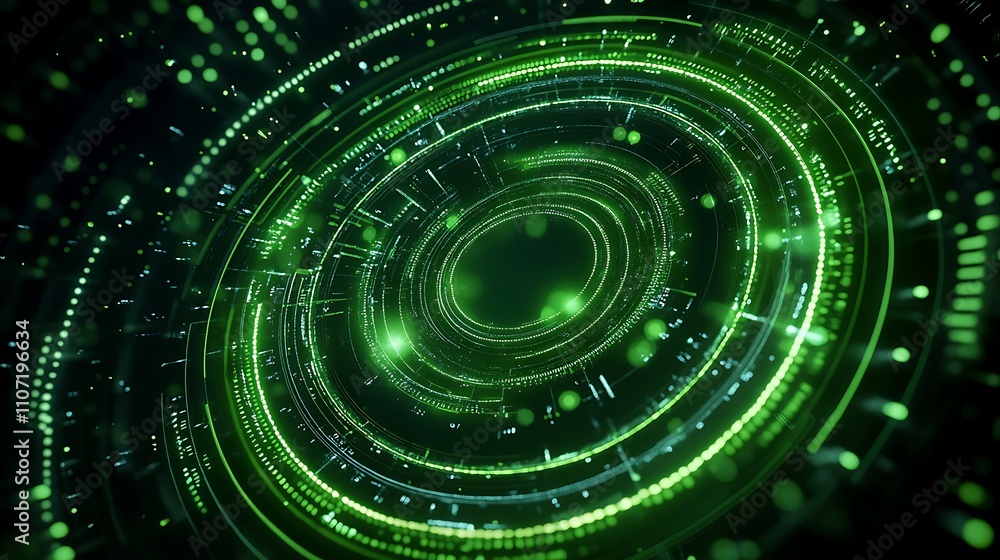 Poster abstract green circular background with glowing digital patterns and light particles in motion