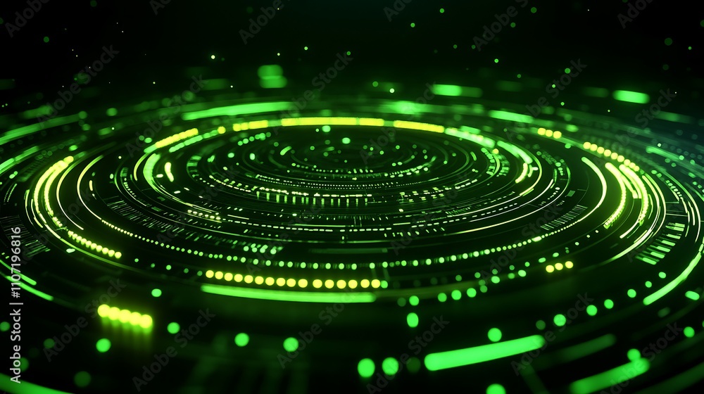 Poster abstract green circular pattern with digital circuits and glowing lights for technology background d