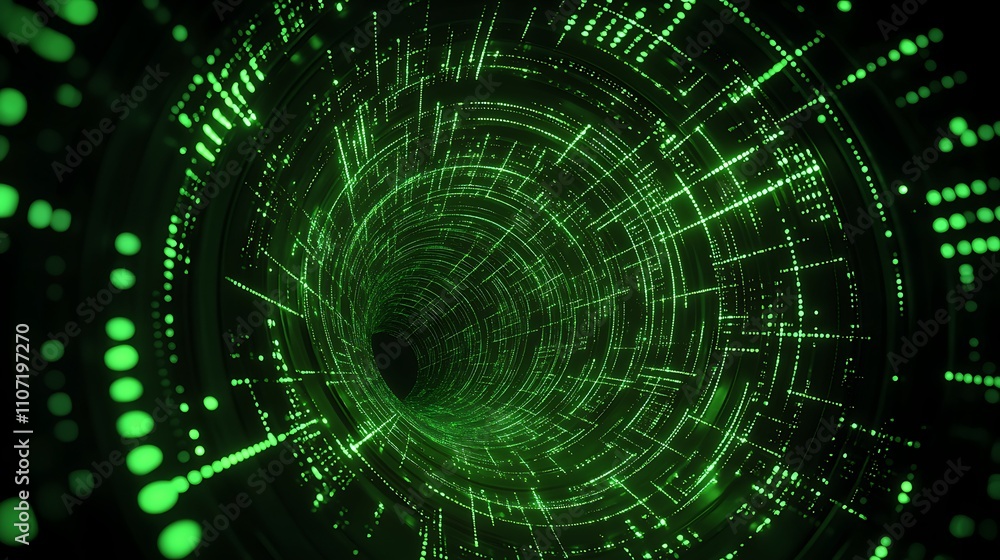 Aufkleber Abstract Green Data Tunnel with Glowing Dots and Lines Creating a Futuristic Digital Environment