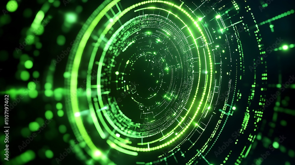 Poster abstract green digital background with circular patterns and futuristic lines for technology design