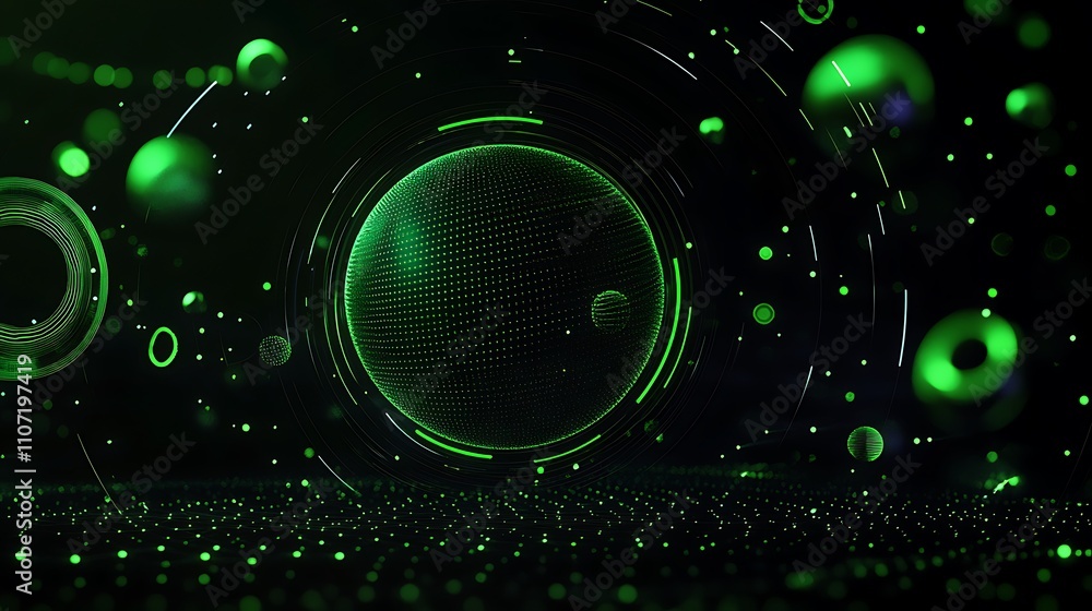 Poster abstract green digital background with circular shapes and dots representing technology and movement
