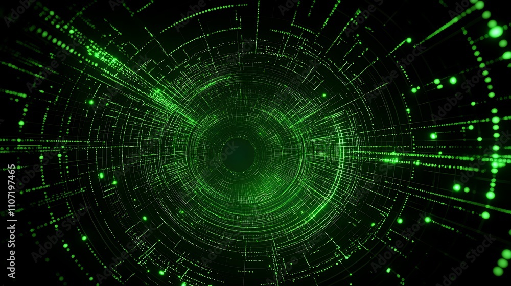 Poster abstract green digital background with flowing data streams and circular patterns in futuristic desi