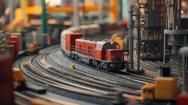 Cargo trains moving on parallel tracks through a factory zone, showcasing the importance of rail transport in supply chains
