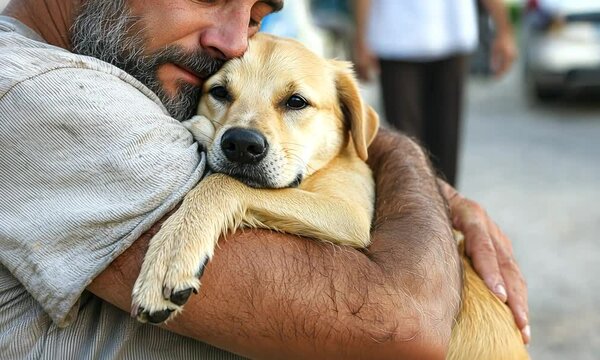 Tender Embrace: A heartwarming image of a man embracing his beloved dog, showcasing a powerful bond of unconditional love and companionship.  