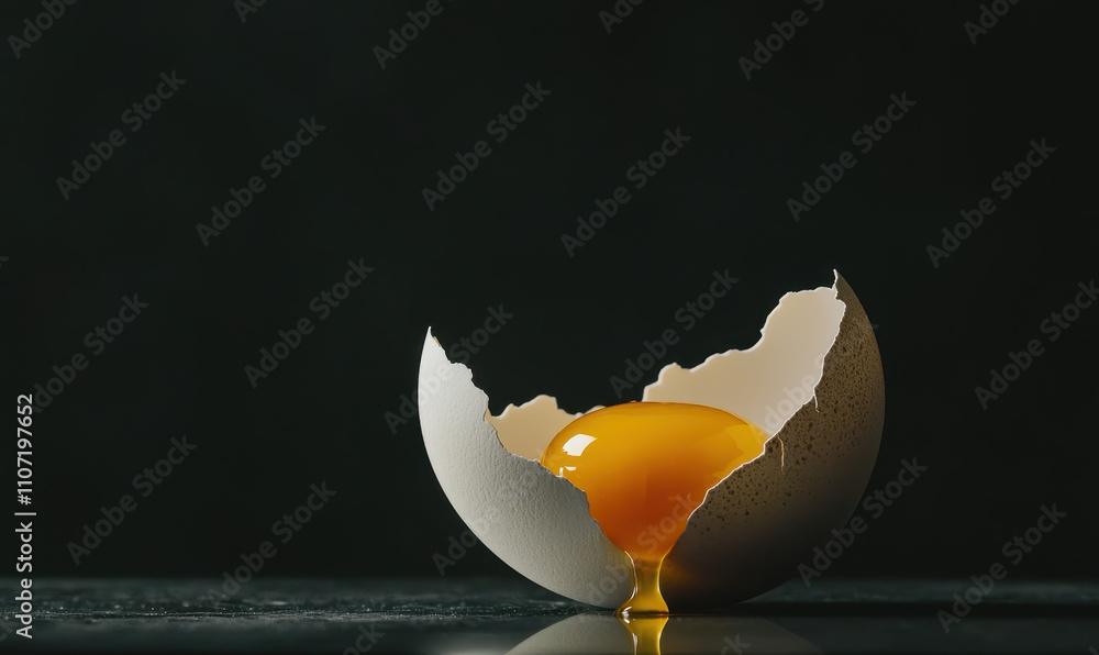 Poster captivating image of a freshly cracked egg with golden yolk oozing elegantly from broken shell on da