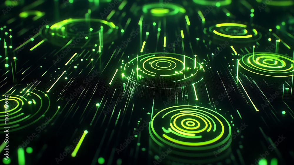 Poster abstract green digital circles and lines in a futuristic background with glowing effects and motion 