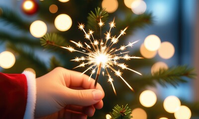 Festive sparkler in hand with holiday lights and christmas tree background