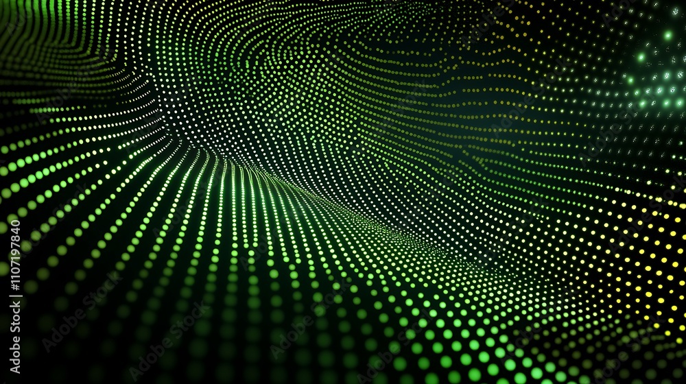 Poster abstract green digital pattern with dots in a wavy flow creating a modern tech background for design