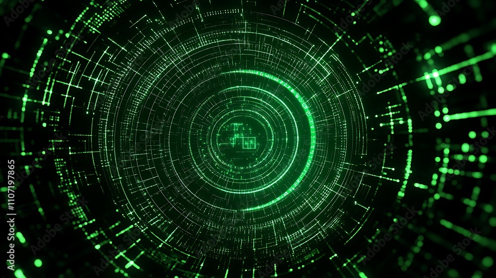 Poster abstract green digital patterns in circular motion representing technology and data connectivity