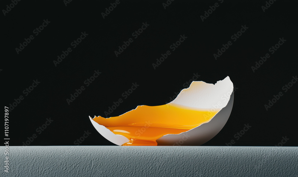 Poster captivating image of half-broken egg shell with vibrant yolk dripping: symbol of freshness and simpl