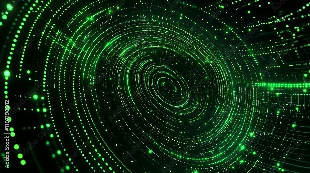 Poster abstract green digital swirls with dots and lines in a futuristic circular pattern for technology ba