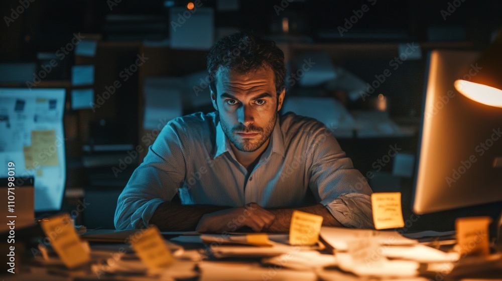 Aufkleber A focused man surrounded by sticky notes in a dimly lit workspace.