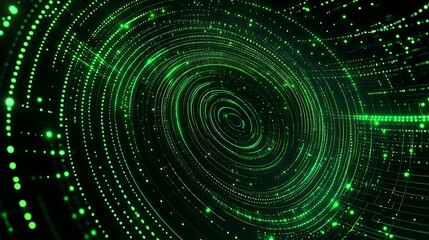 Fototapeta premium Abstract Green Digital Swirls with Dots and Lines in a Futuristic Circular Pattern for Technology Background