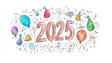Hand-drawn 2025 surrounded by festive sketch elements