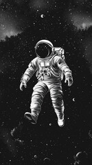 Black and white illustration of an astronaut floating in space, with stars twinkling around them. Minimalistic background, high contrast. Full-body portrait, symmetrical composition, sense of mystery.