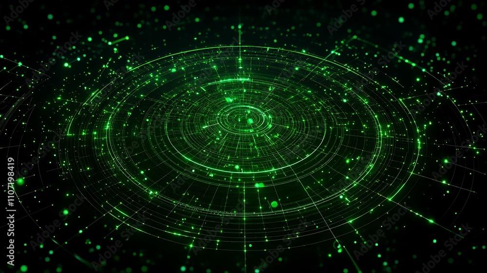 Poster abstract green geometric circles with bright particles and light effects for technology and science 