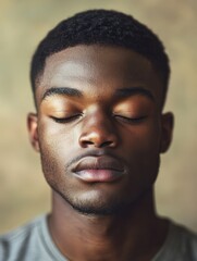 Obraz premium Contemplative young African black man eyes closed in mindful meditation
