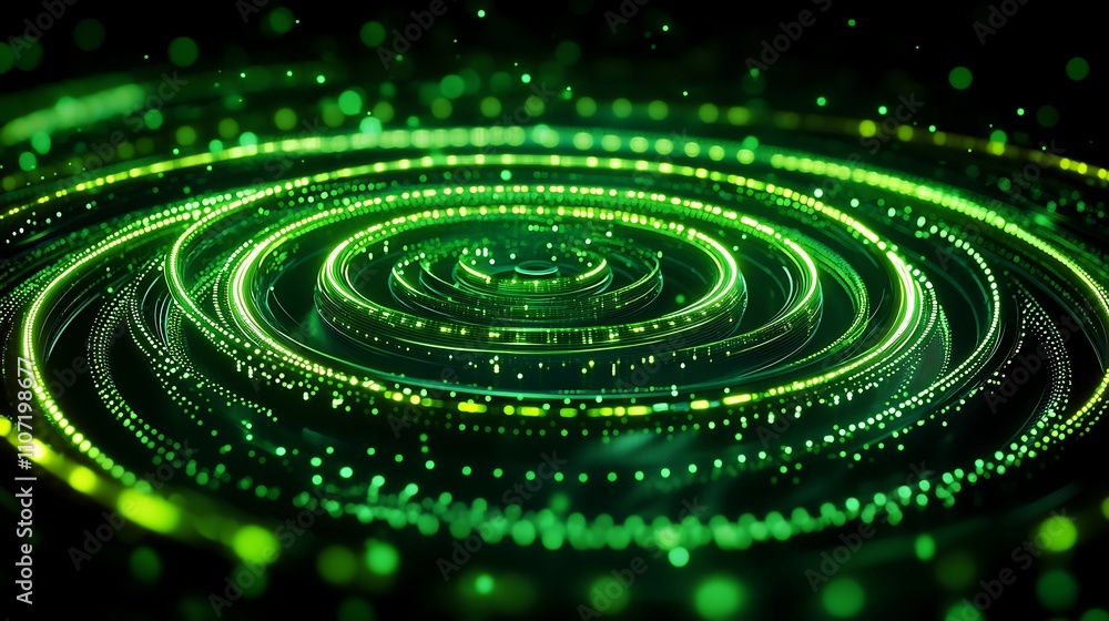 Poster abstract green light circles with dynamic glittering motion for modern design and digital background