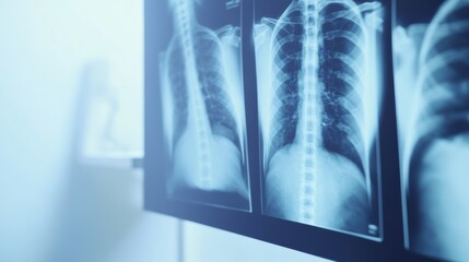A set of medical X-ray images displayed on a lightbox in a diagnostic environment with a clean background, Clinical style, photo of