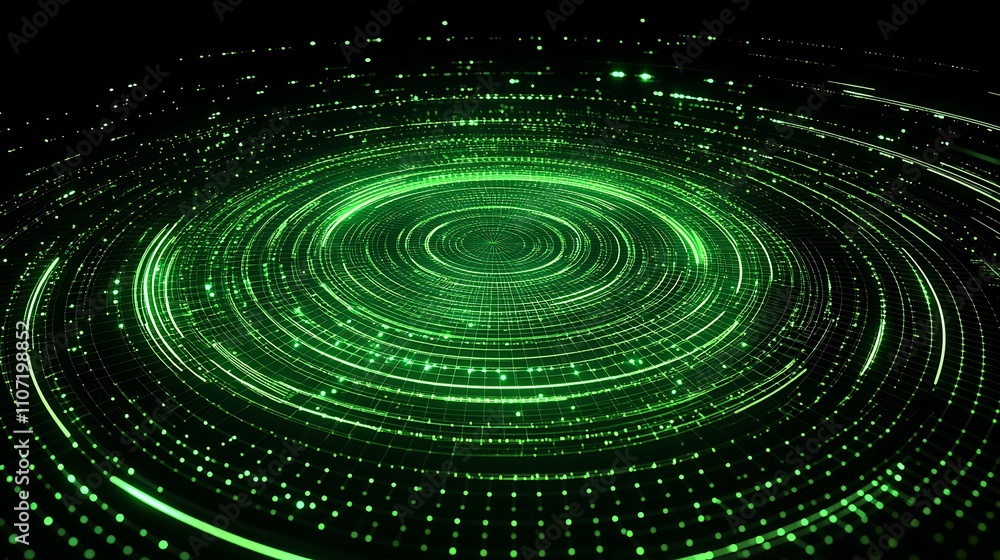 Poster abstract green light particles and circles forming dynamic motion background in space
