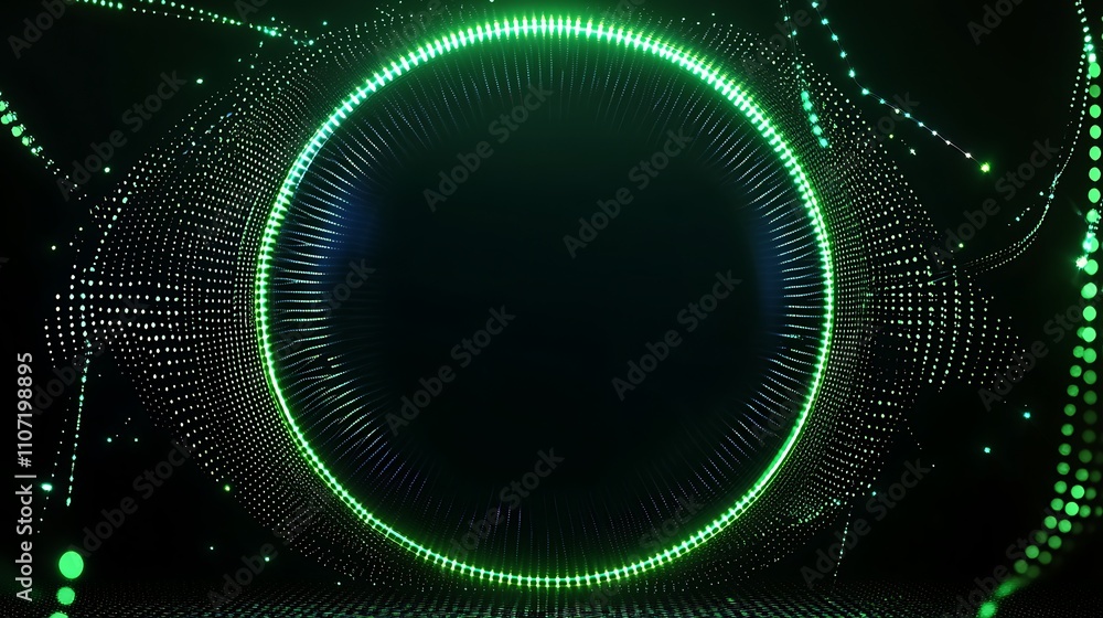 Aufkleber abstract green light patterns surrounding circular shape on dark background for digital art and tech