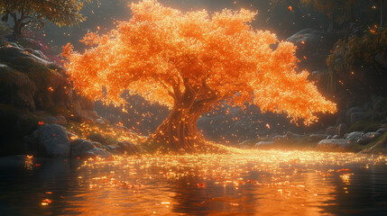 Golden Tree of Life: Enchanting digital art depicting a majestic tree ablaze with golden light, its reflection shimmering on a tranquil stream.