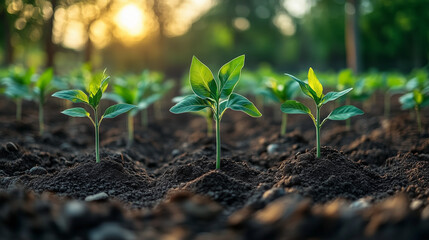 New Growth: A row of vibrant green seedlings emerge from rich soil, reaching towards the warm glow of the setting sun.