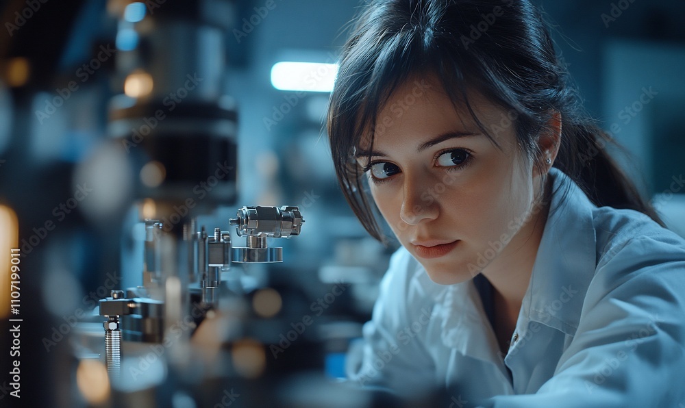 Poster a focused scientist examines equipment in a lab setting.