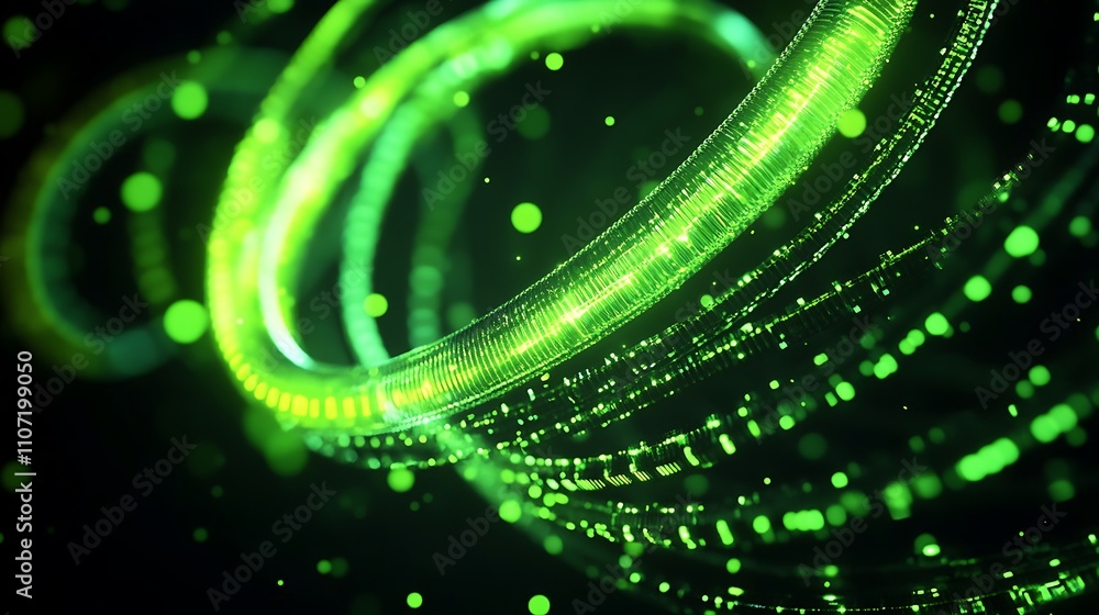 Poster abstract green light trails creating dynamic patterns in a dark background for technology and design