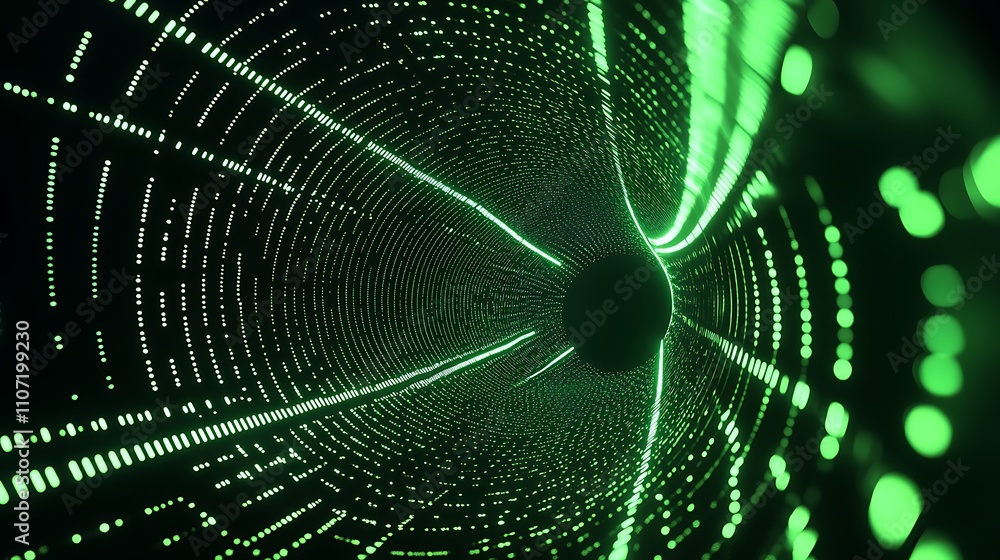 Aufkleber abstract green light tunnel with digital dots and lines creating a futuristic virtual space